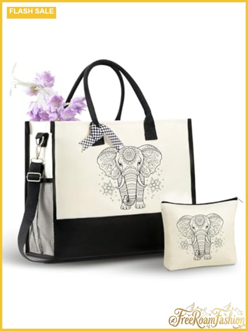 Canvas Tote Bag Set with Makeup Pouch Zipper Closure Adjustable Strap
